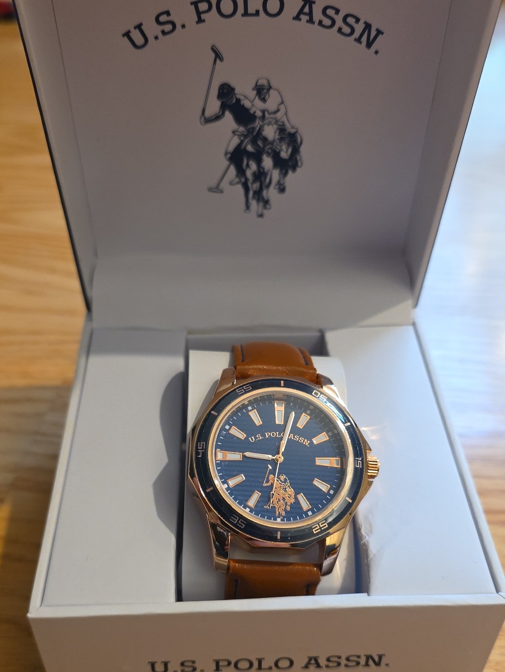 U.S. Polo Assn. Blue Faced Watch with Brown Leather Strap